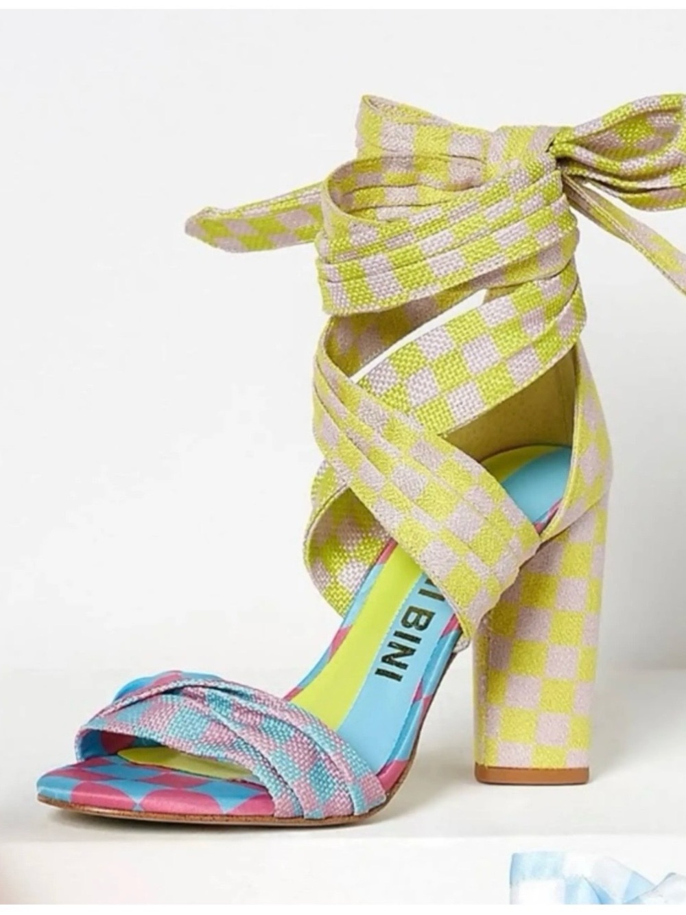 NWT Gianni Bini Astraah Checker Neon Block Heel Wrap Sandal